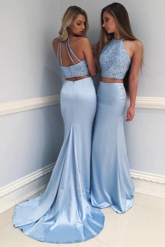 evening dress with illusion back-Glorious Excellent Exquisite Stylish Sky Blue Two-Piece Beaded Long Prom Mermaid Evening Dress