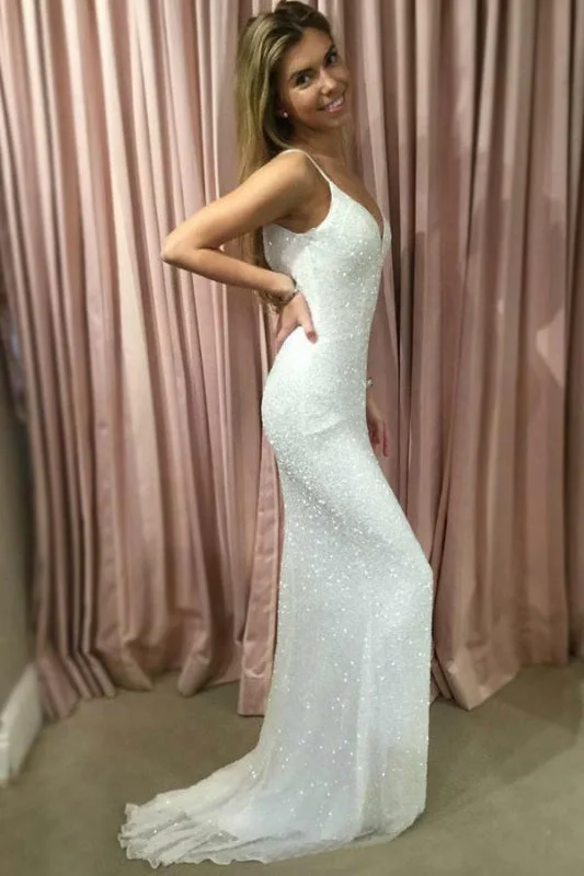 evening dress with keyhole back-Glorious Fabulous Latest Spaghetti Straps V Neck Sequins Prom Sexy Sparkly Mermaid Party Dress