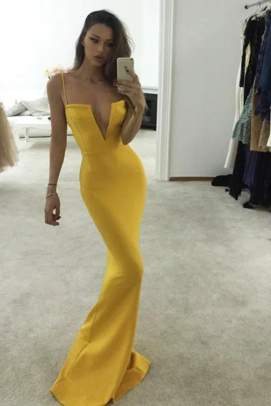 evening dress with mesh-Glorious Fascinating Fabulous Unique Yellow Spaghetti Straps Notched Mermaid Dress Sexy Prom Gown