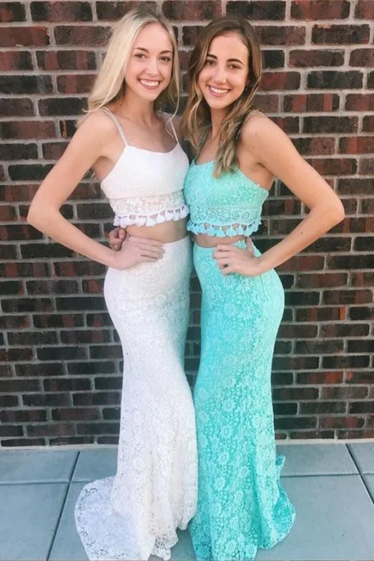 evening dress with scalloped hem-Glorious Precious Excellent Two Piece Mermaid Spaghetti Straps Floor-Length Lace Prom Sexy Party Dress