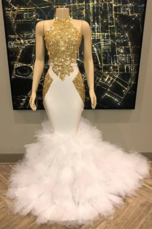 glamorous evening dress-Gold and White Long Mermaid Prom Dress