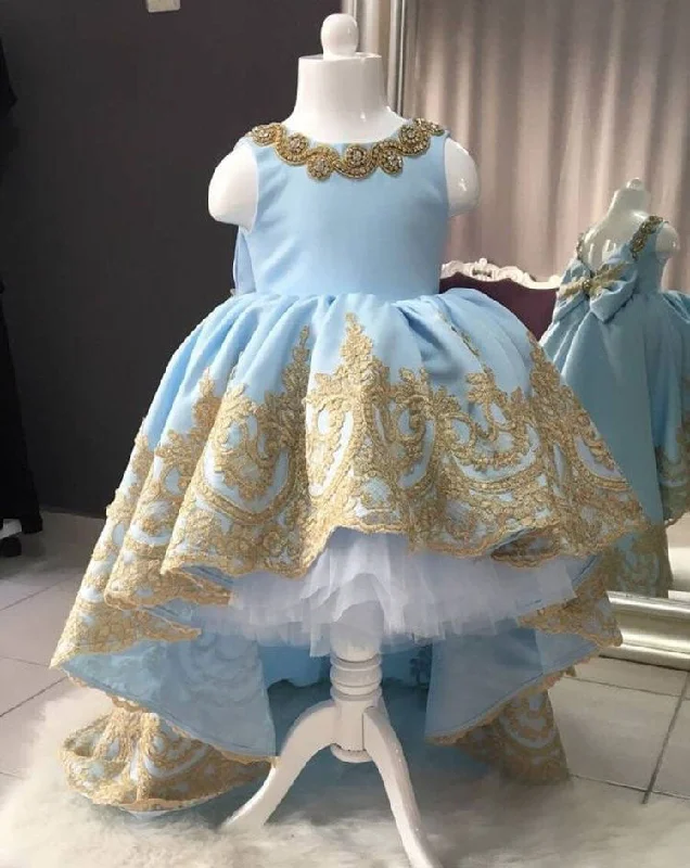 ruched evening dress-Blue Flower Girl Dresses Birthday Gown with Appliques