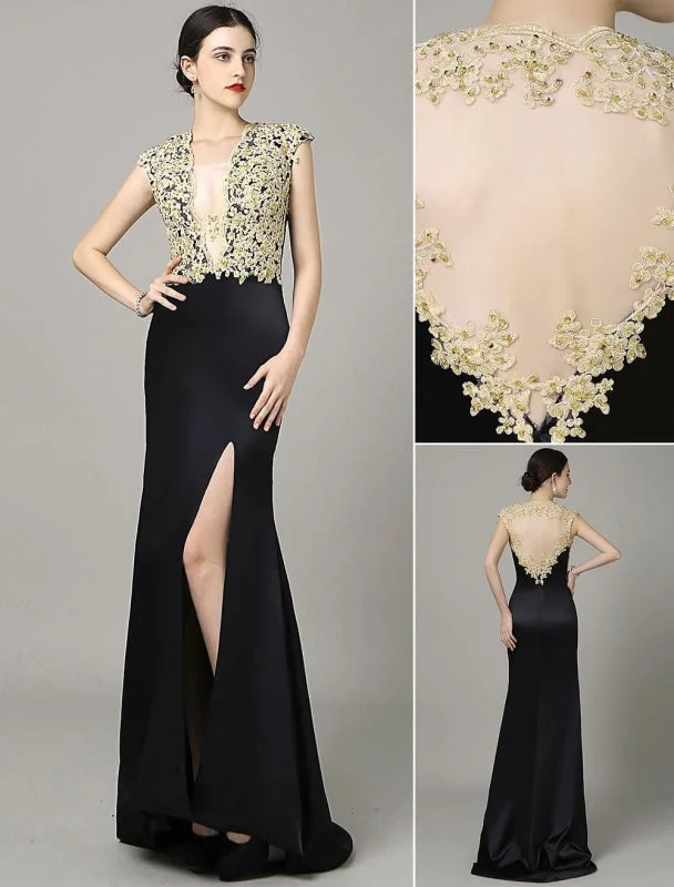 modern evening dress-Golden Lace Evening Dress Plunging Neck Satin Split Court Train Mermaid Dress Milanoo