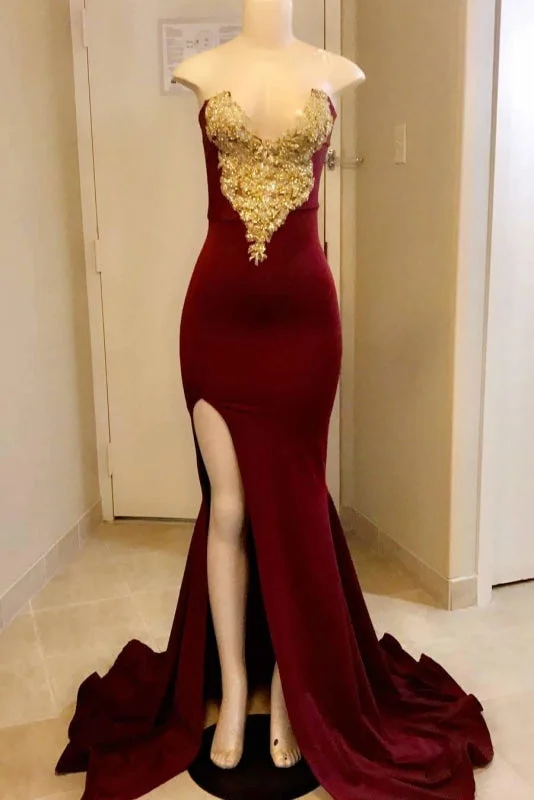 cocktail evening dress-Gorgeous Burgandy Side Slit Floor Length Prom Dresses