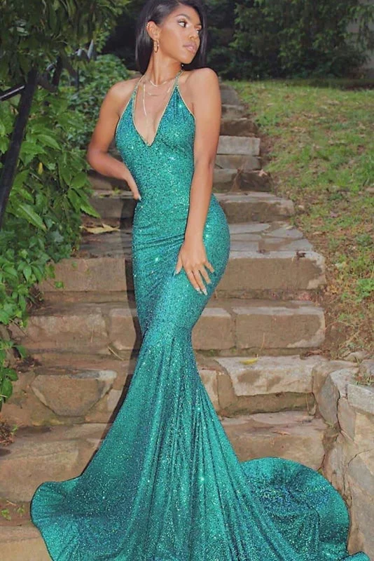 layered evening dress-Gorgeous Halter Sleeveless Sparkly Shiny Mermaid Prom Dresses