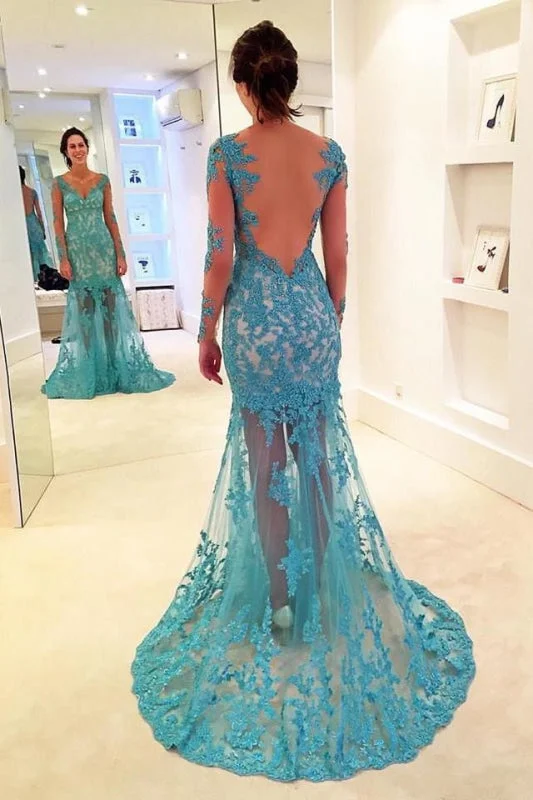 modest evening dress-Gorgeous Mermaid V-neck Gown Long Sleeves Prom Dress with Lace Appliques