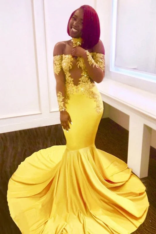 evening dress with illusion neckline-Gorgeous Yellow Long Sleeves Off-shoulder Floor Length Appliqued Prom Dresses