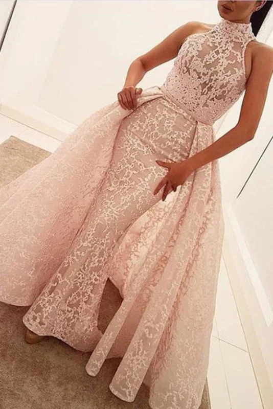 sparkling evening dress-Graceful Excellent Amazing Unique Mermaid High Neck Sleeveless Sweep Train Pearl Pink Lace Prom Dress