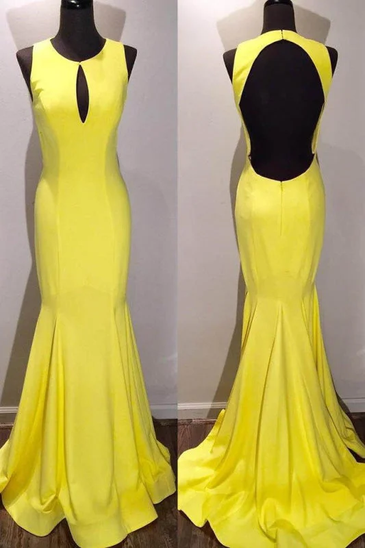 stylish evening dress-Graceful Eye-catching Modest Elegant Yellow Scoop Open Back Sweep Train Mermaid Prom Gown Formal Dresses