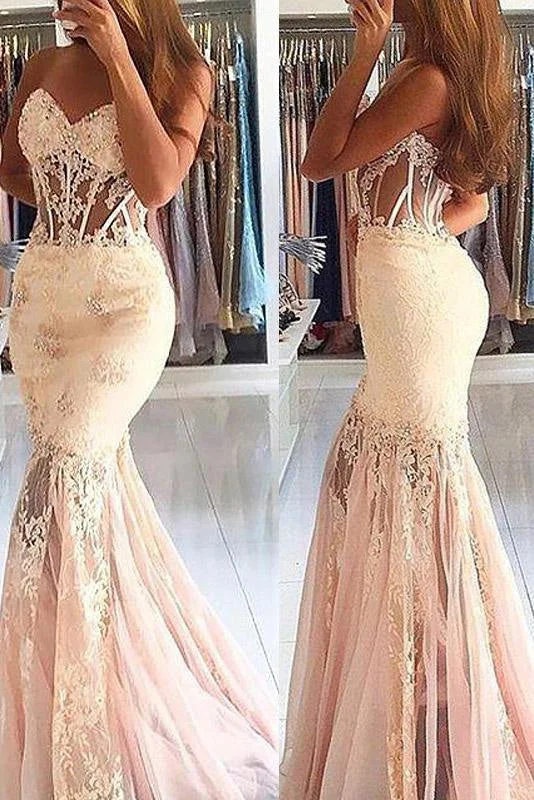 velvet evening dress-Graceful Glorious Fascinating Sexy Sheer Mermaid Sleeveless Sweetheart Tulle Lace Long Prom Dresses