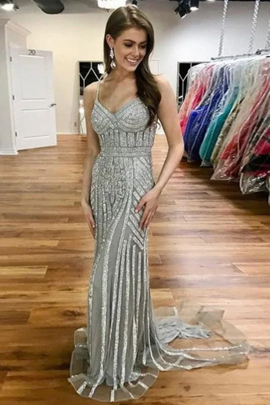 velvet evening gown-Graceful Graceful Fabulous Gray Spaghetti Strap Sparkly Evening Sexy Long Mermaid Prom Dress