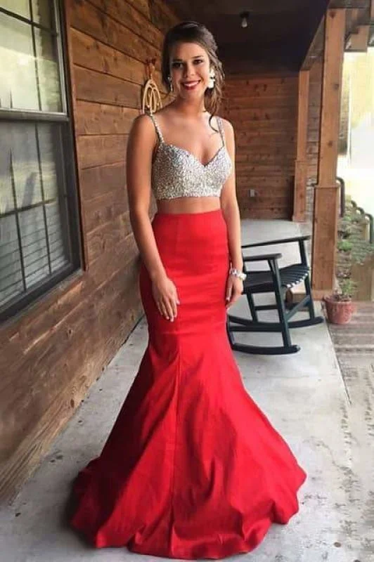 evening dress with fringe-Graceful Red Two Piece Prom Dresses With Charming Long Homecoming Dress