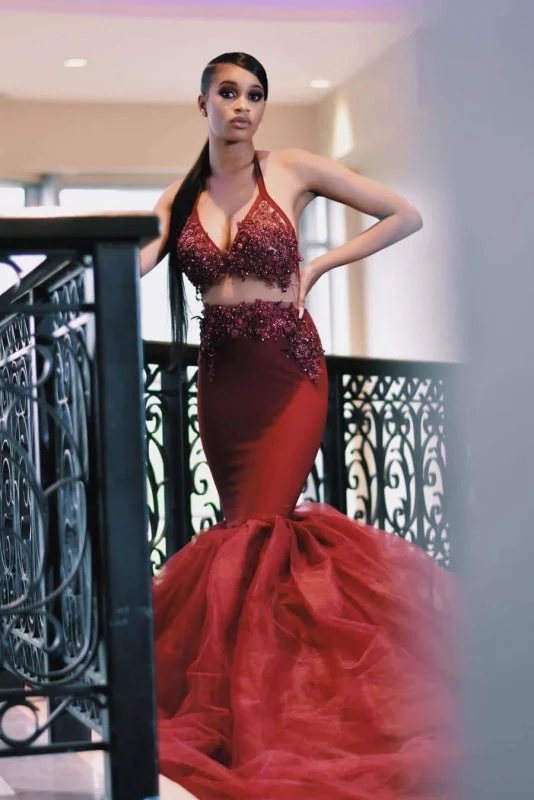 A-line evening dress-Graceful Red Two Piece With Beading Long Prom Dress