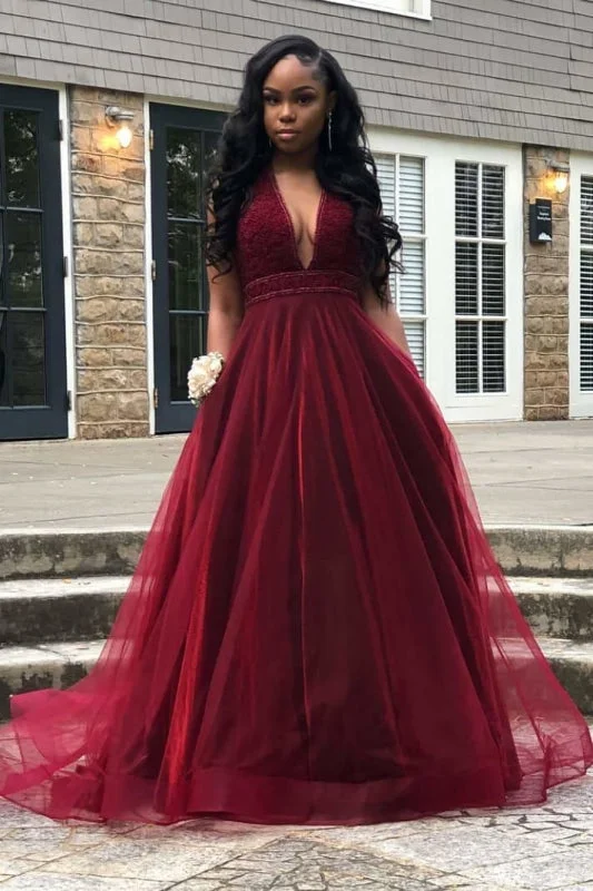 layered evening dress-Graceful Red V Neck Sleeveless Tulle Party Dresses