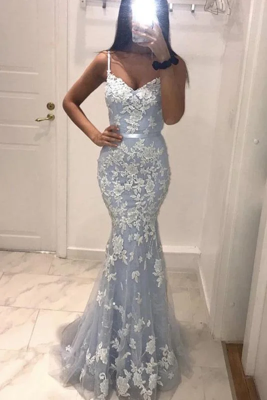 cap sleeve evening dress-Graceful Wonderful Sexy Spaghetti Straps Mermaid Prom Dress with Lace Appliques