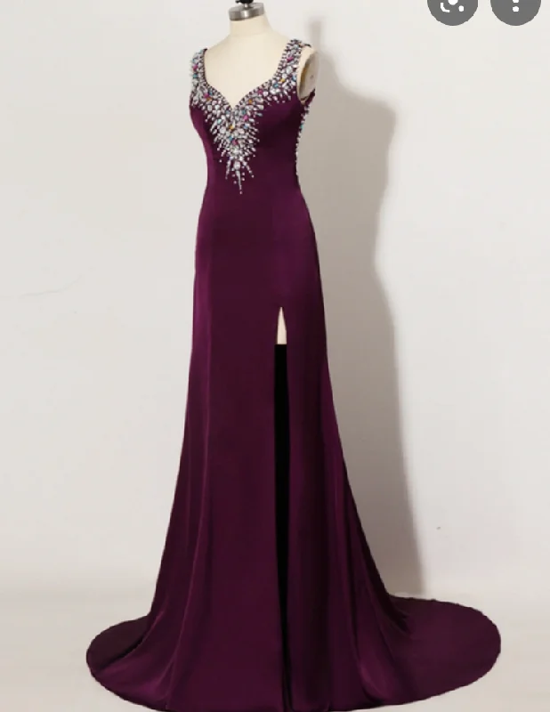 cocktail length evening dress-Grape Prom Dresses Slit with Rhinestones