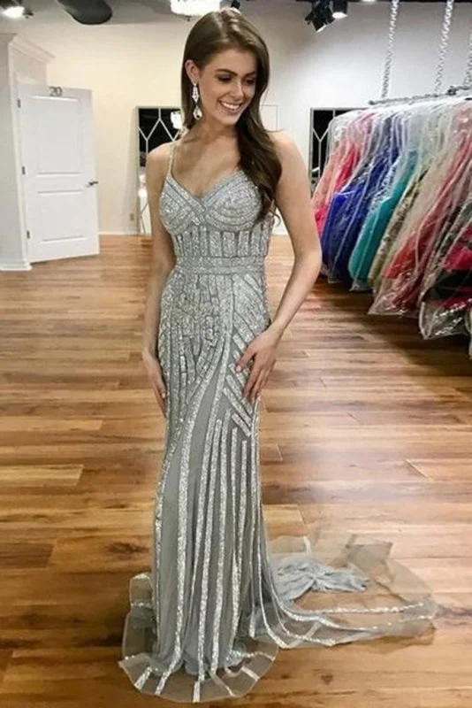 cocktail evening dress-Gray Spaghetti Strap Sparkly Evening Sexy Long Mermaid Prom Dress