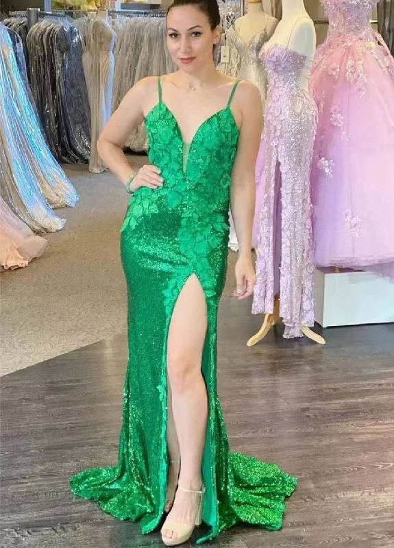 off shoulder evening dress-Green Backless Prom Dresses with Appliques