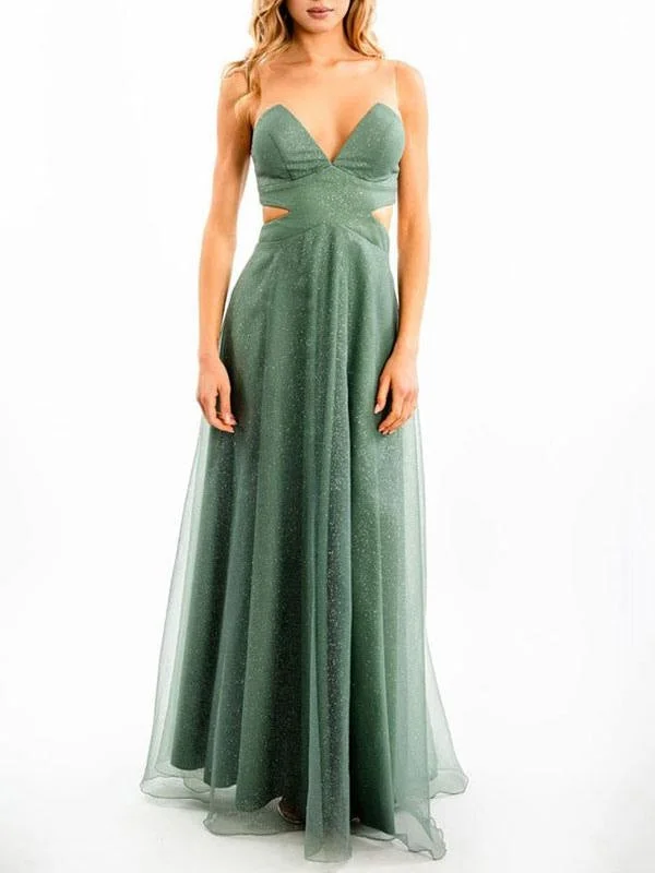 backless evening dress-Green Evening Dress A Line V Neck Sleeveless Backless Tulle Cut Out Floor Length Social Party Dresses