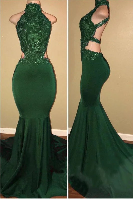 cocktail length evening dress-Green High Neck Sleeveless Mermaid Long Prom with Appliques Sexy Party Dress