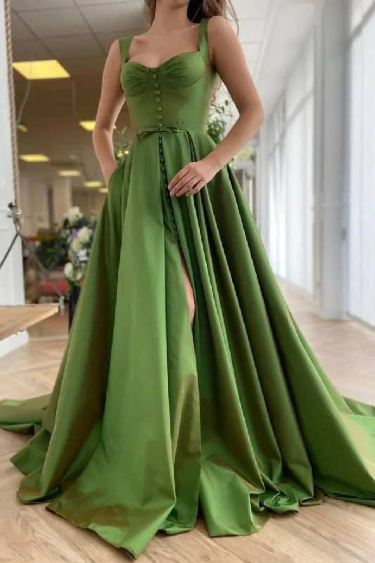 evening dress with sleeves-Olive Green Long Split Prom Dresses with Buttons