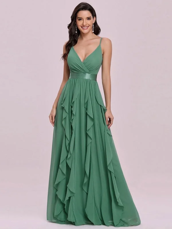 beaded evening dress-Green Prom Dress A-Line V-Neck Sleeveless Backless Sash Floor Length Chiffon Wedding Guest Dresses