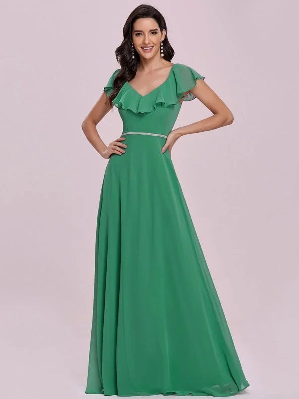 satin evening gown-Green Prom Dress V-Neck A-Line Sleeveless Ruffles Chiffon Floor-Length Evening Dresses