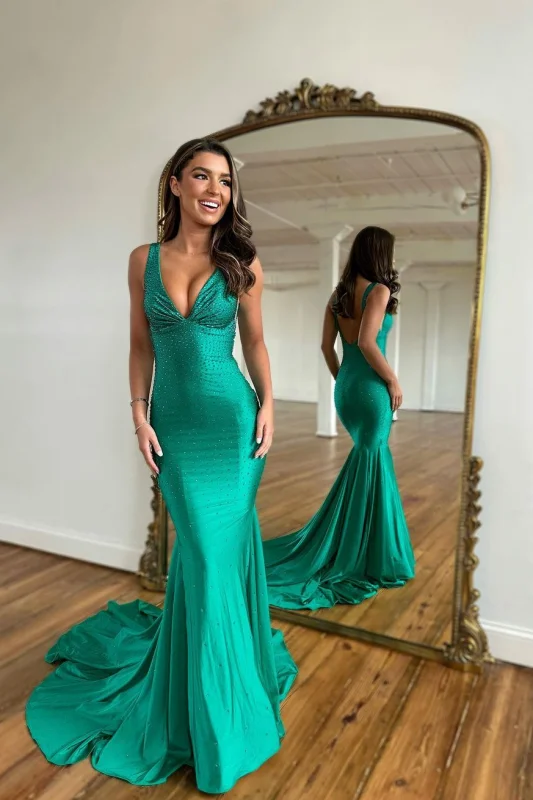 chiffon evening dress-Green Prom Dress with Wide Shoulder V Neck Long Mermaid Style and Bead Embellishments