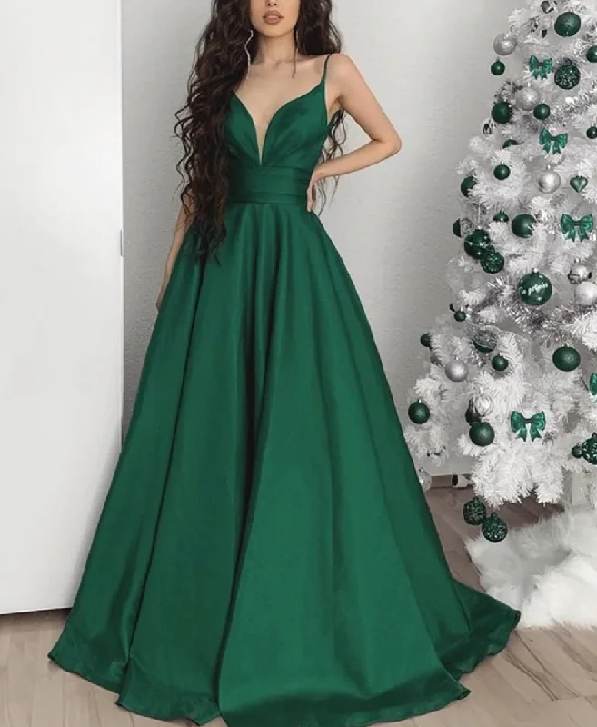 off shoulder evening dress-Green Prom Dresses under 100 V Neck