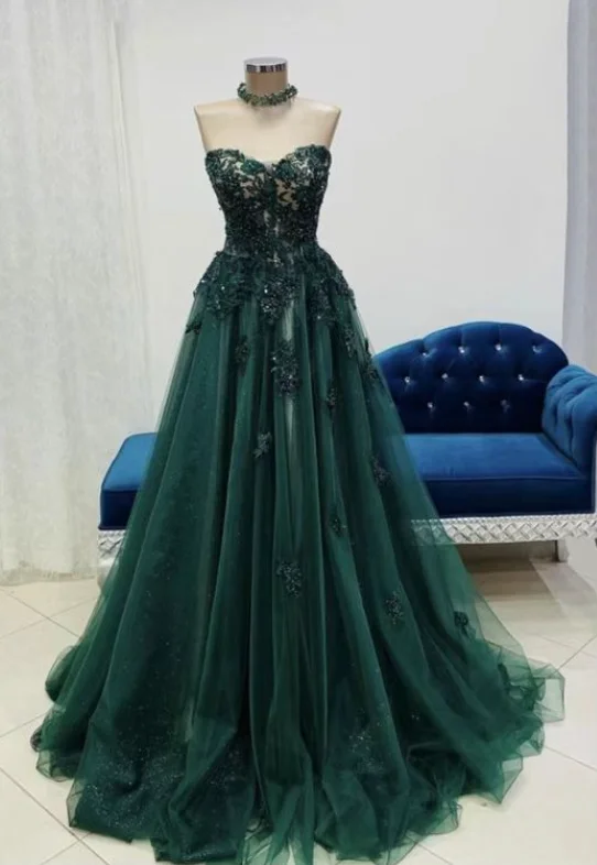 A-line evening dress-Green Prom Dresses with Lace