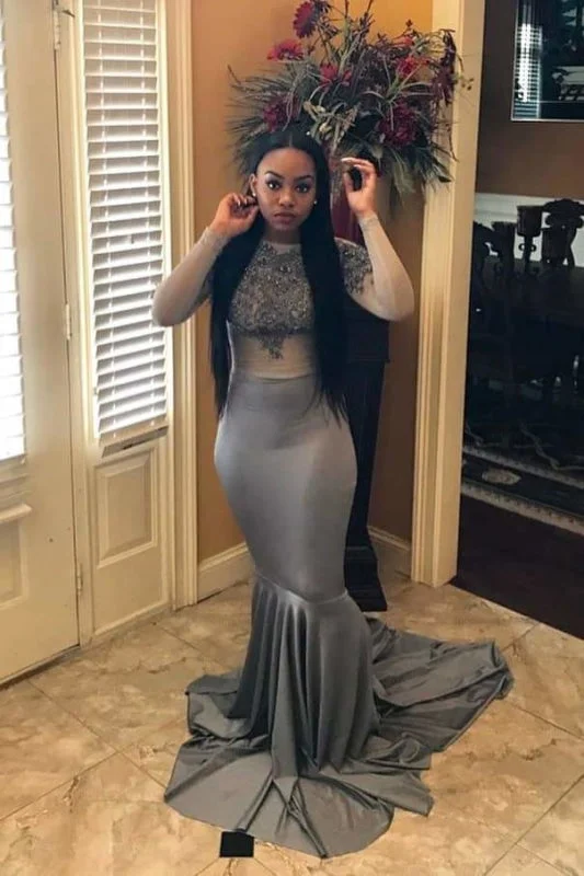 elegant evening attire-Grey Long Sleeves Jewel Floor Length Mermaid Prom Dresses