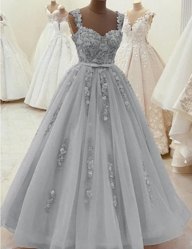 evening dress with lace overlay-Grey Prom Dresses with Flowers Birthday Dresses