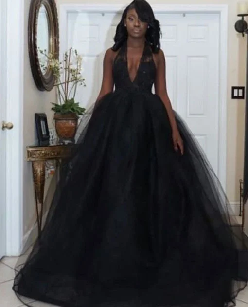 evening dress with ruffles-Halter Backless Black Prom Dresses V Neck