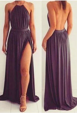 evening dress with high slit-Halter Backless Long Prom Dresses Split Side