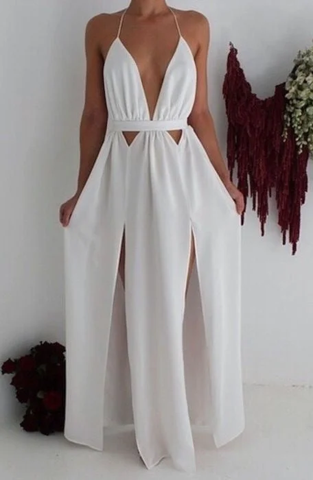 evening dress with belt-Halter Backless White Long Prom Dresses KK55