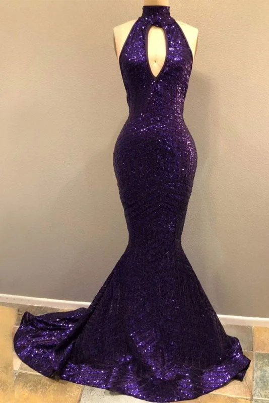 elegant evening wear-Halter Front Slit Backless Purple Sequin Mermaid Prom Dress