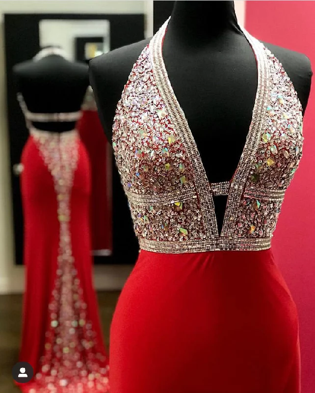 evening dress for prom-Halter Prom Dresses Red Evening Dress with Rhinestones