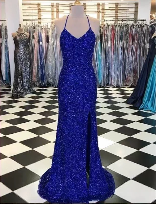 maxi evening dress-Halter Slit Prom Dresses Dark Royal Blue