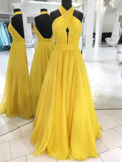 velvet evening dress-Halter Yellow Prom Dresses