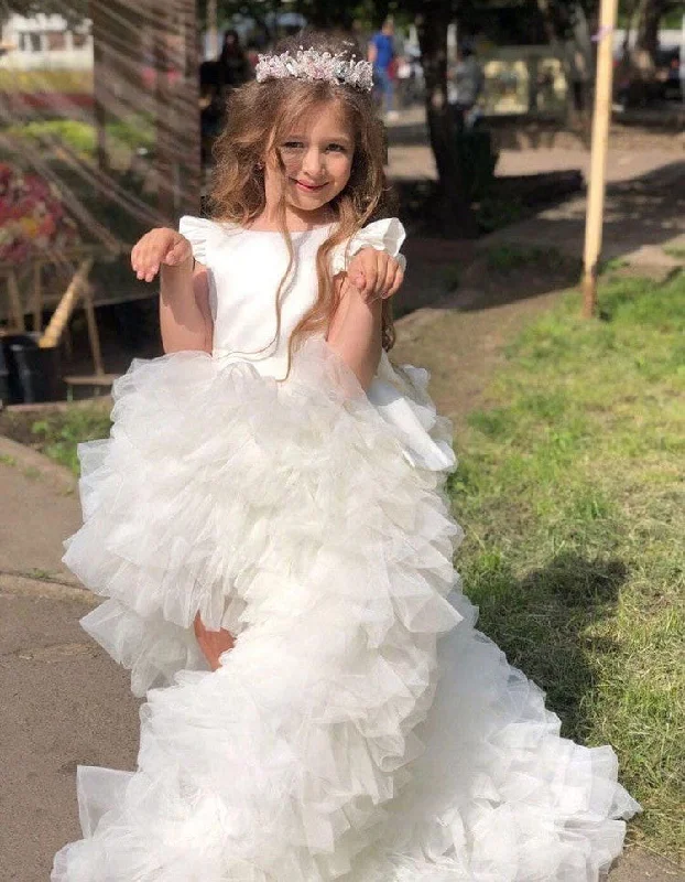 evening dress with sleeves-Hi low White Flower Girl Dresses Birthday Gown