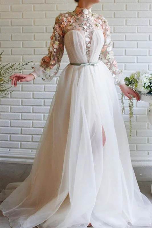 elegant evening dress-High Collar Mermaid Evening Dress With Flowers Split White Long Sleeves