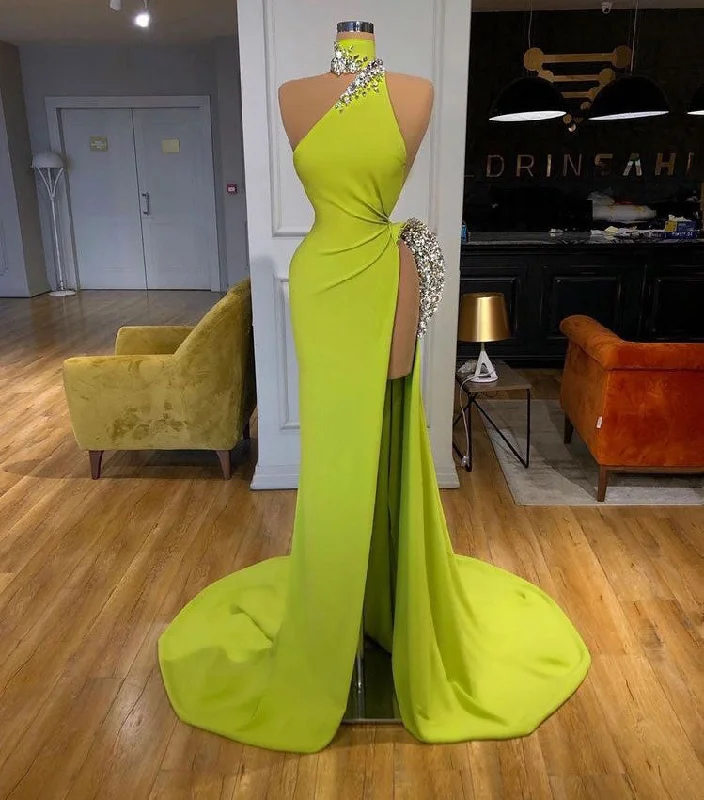 tulle evening dress-High Neck Lemon Green Slit Side Prom Dresses Long Evening Gown