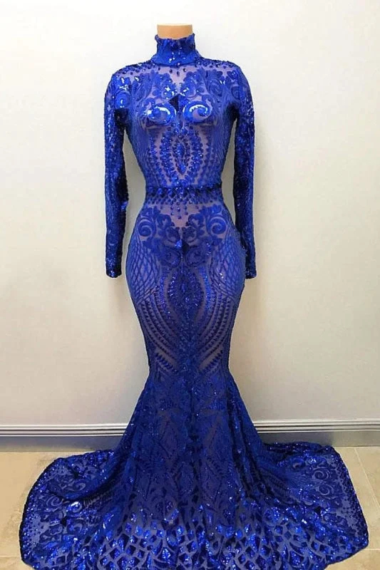 evening dress with appliques-High Neck Long Sleeve Sequin Royal Blue Mermaid Prom Dress