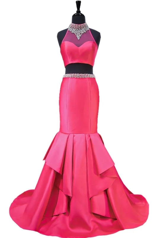 evening dress with bow-Hot Pink Backless Beaded Two Pieces Long Mermaid Evening Dress