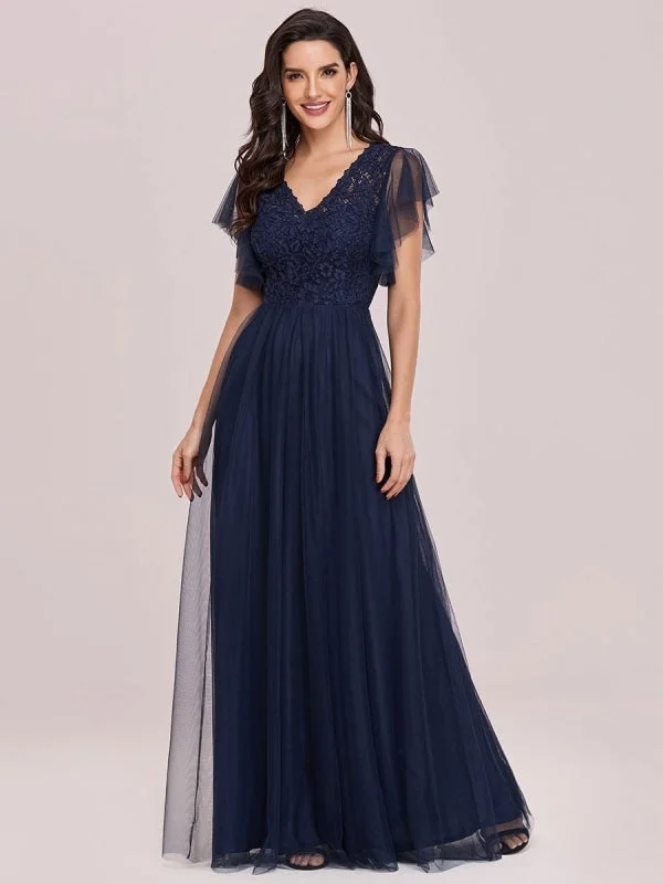 satin evening gown-Ink Blue Prom Dress A-Line V-Neck Tulle Short Sleeves Backless Floor-Length Pageant Dresses