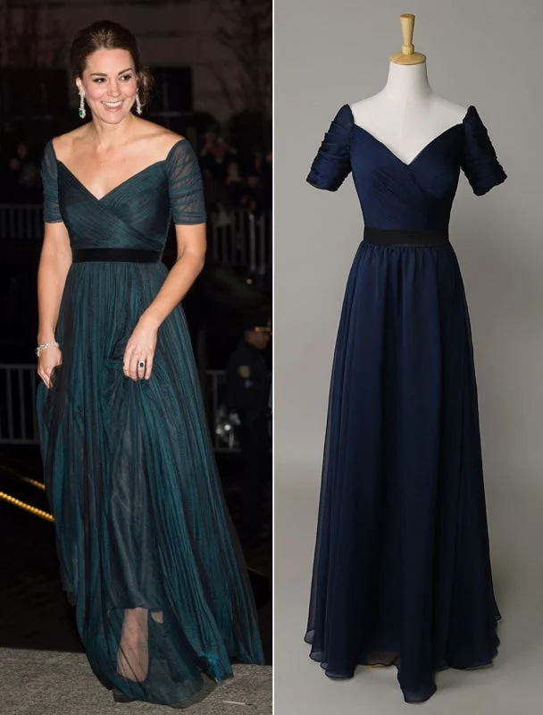 evening dress with pleats-Kate Middleton Dark Navy Off The Shouler Dress