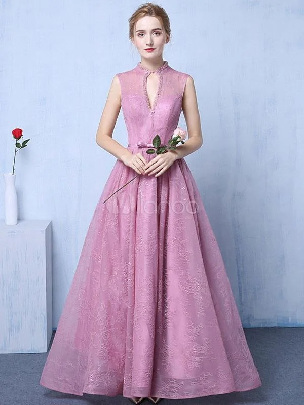 cap sleeve evening dress-Lace Evening Dress Cameo Pink Party Dress Keyhole A Line Bow Sash Occasion Dress With Train