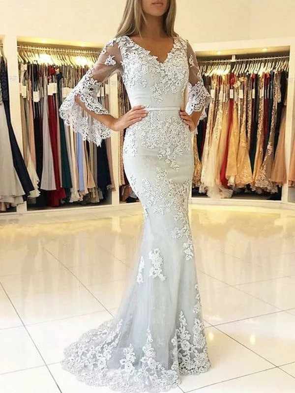 evening dress with fringe-Lace Evening Dress Ivory V Neck Long Sleeve Floor Length Formal Dress Mermaid Party Dresses