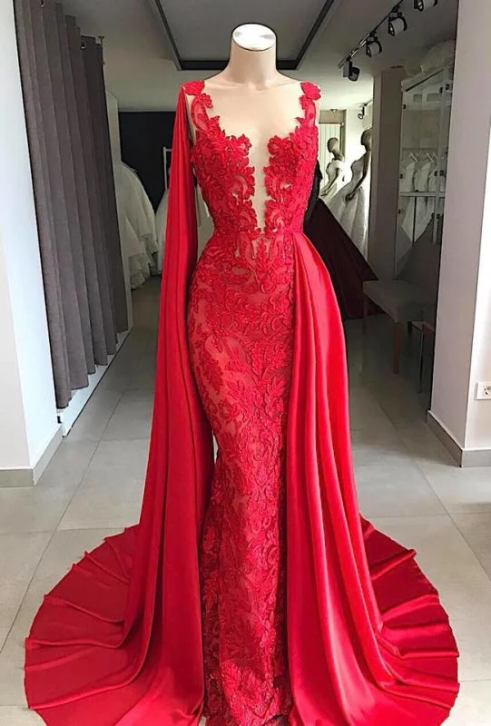 evening dress with bow-Lace Sleeveless Red Prom Dresses with Cape