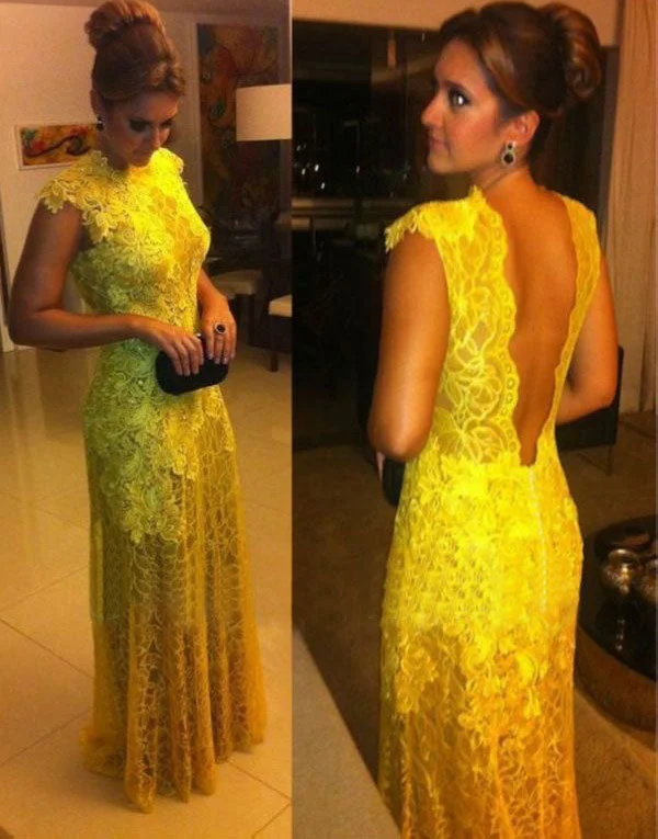 high-low evening dress-Lace Yellow Prom Dresses Long Evening Gown